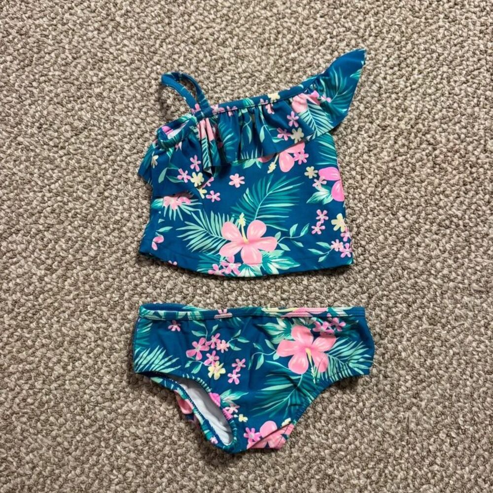 Carter's Baby Girl 2pc Swimsuit Blue Tropical Floral Ruffle 18 Months